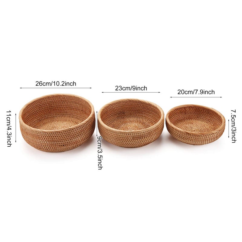 DECRAFTS Round Rattan Fruit Baskets Woven Storage Bowls Key Holder Stackable for Shelf Kitchen Tabletop Natural Set of 3 - Image 5